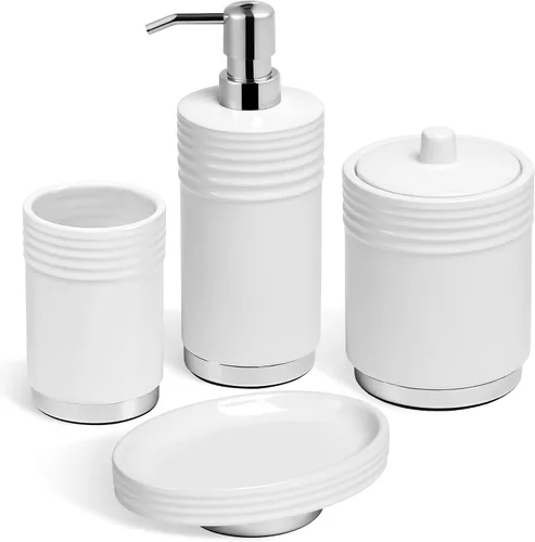 Miniatura 13 de RQYIXI - Juego de accesorios de baño de 4 piezas, soporte para cepillo de dientes, dispensador de jabón, decoración de baño de cerámica y madera