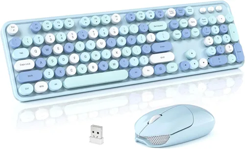 Miniatura 12 de Combo de teclado y mouse inalámbricos, teclado retro de tamaño completo de 2.4 GHz con teclado numérico y mouse inalámbrico para Negro azul
