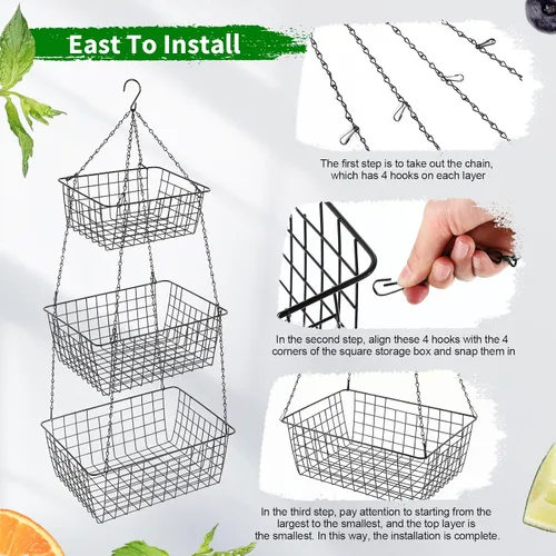 Miniatura 4 de Hicarer Cesta de frutas colgante de 3 niveles cuadrada de 35.4 pulgadas, organizador de frutas de cocina, organizador de alambre resistente