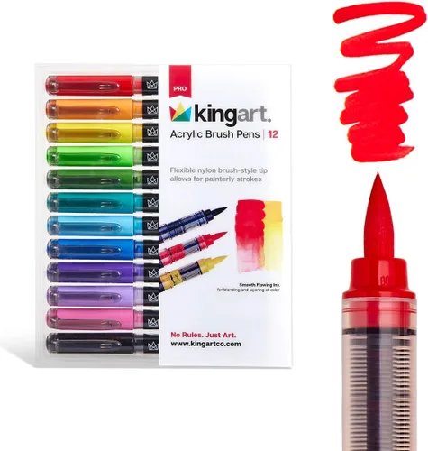 KINGART Marcadores de pintura acrílica, punta de pincel, 12 colores vibrantes. Bolígrafos impermeables a base de agua, sin sangrado, con control