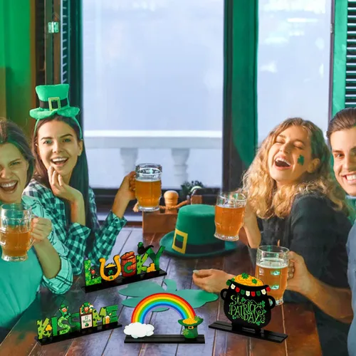 Miniatura 6 de WATINC 4 piezas de decoración de mesa de madera del día de San Patricio, decoración de centro de mesa de madera de trébol, bandeja escalonada