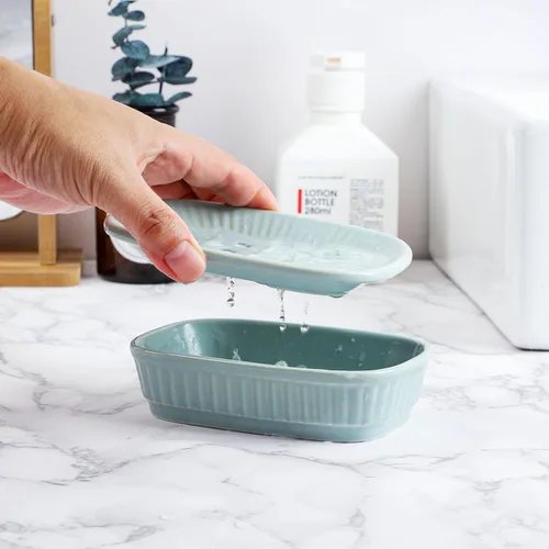 Miniatura 5 de VanEnjoy Jabonera de cerámica verde, jabonera autodrenante para fregadero de cocina, tenedor decorativo del cuarto de baño