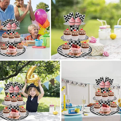 Miniatura 5 de Soporte de cartón para cupcakes con temática de automóvil de carreras, soporte redondo de 3 niveles para cupcakes, soporte de postre para autos