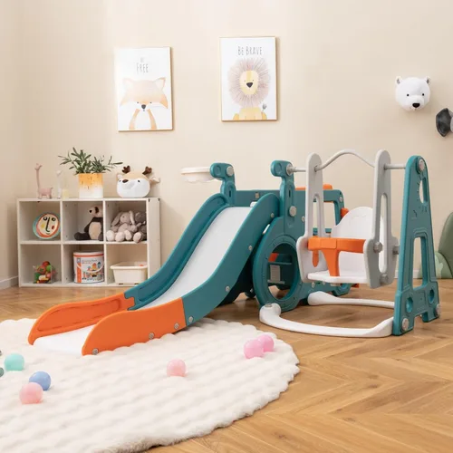 Miniatura 13 de Costzon Juego de Columpio y Tobogán 7 en 1 para Niños Pequeños, Conjunto de Juego Independiente con Tobogán para Niños Pequeños con Columpio, Aro