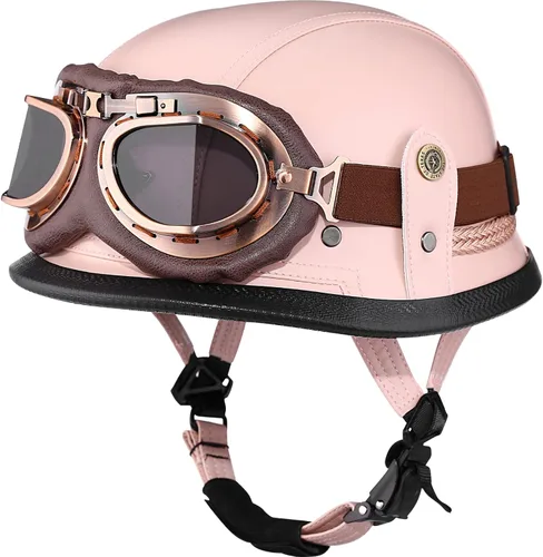 Miniatura 10 de Yesmotor - Casco de media cara estilo retro alemán de cuero hecho a mano con hebilla de liberación rápida y gafas protectoras - Aprobado por DOT