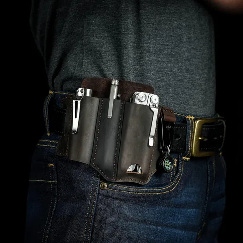 Miniatura 2 de VIPERADE PJ29 Funda multiherramienta para cinturón, organizador de bolsillo EDC de cuero para hombres, funda de cuero EDC, linterna y funda Marrón