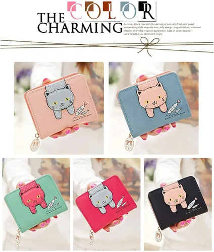 Miniatura 7 de Hjkiopc Cartera pequeña para niñas y mujeres diseño de gato monedero organizador de tarjetas Azul Cartera plegable
