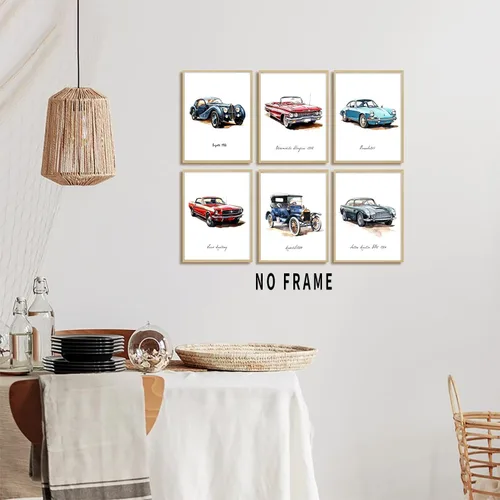 Miniatura 5 de HUACANVASART Impresiones artísticas de pared de automóvil clásico en acuarela, póster de pared de automóvil clásico vintage, póster de arte retro