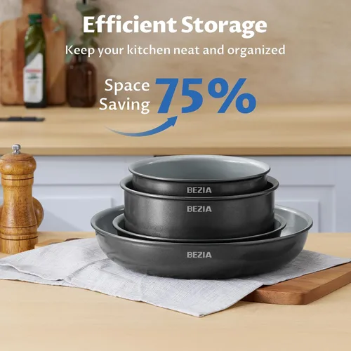 Miniatura 7 de BEZIA Utensilios de cocina de inducción con revestimiento de cerámica saludable, juego de ollas y sartenes antiadherentes, 10 piezas con asas