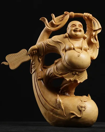 Miniatura 2 de Estatua de Buda Maitreya Maitreya tallada a mano de boj natural (ventilador de bolsa de tela)