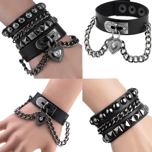 Miniatura 3 de Rivet Bracelet Multilayer Black Leather Cuff Heart Pendant Bangle Studded Chain Wrist Punk Sports Rock Bracelet Adjustable