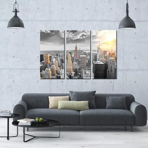 Miniatura 3 de LevvArts Lienzo grande de 3 piezas de arte de pared moderno en blanco y negro NYC en dorado al atardecer, póster de paisaje urbano enmarcado