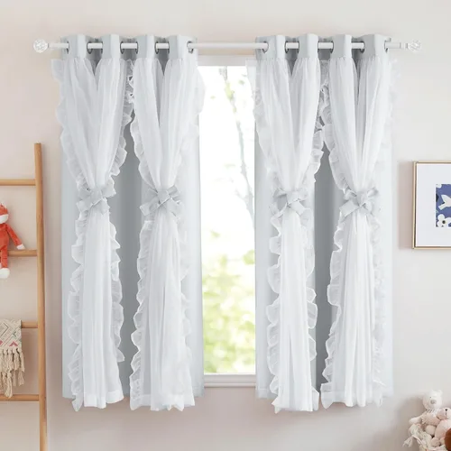 Miniatura 33 de PONY DANCE Cortinas con Volantes de Doble Capa con Superposición Transparente, Decoración Elegante para Ventanas de Diseño Rústico Francés de Campo