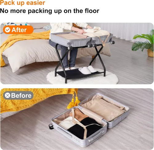 Miniatura 8 de Heybly Portaequipajes, paquete de 2, soporte plegable de acero para maleta con estante de almacenamiento para dormitorio, hotel, marco de acero