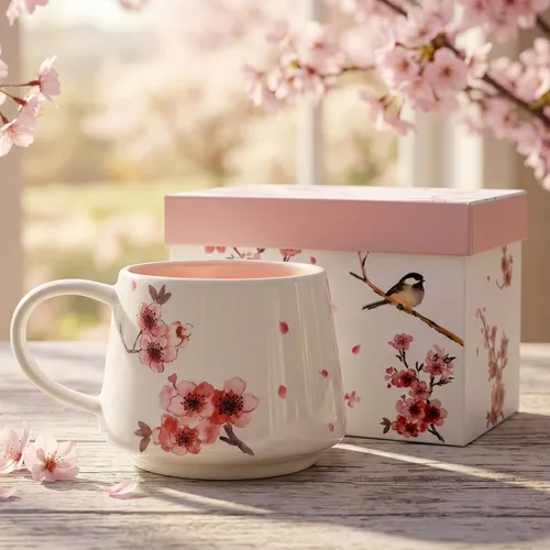 DUSVALLY Taza de café floral de cerezo de 12 onzas, taza de cerámica con asa, apta para microondas y lavavajillas, taza de regalo rosa para mujer