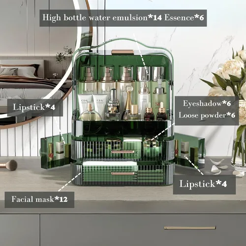 Miniatura 2 de LINFIDITE Caja de almacenamiento de cosméticos con tapa transparente, organizador de maquillaje grande, caja con cajones, mango portátil