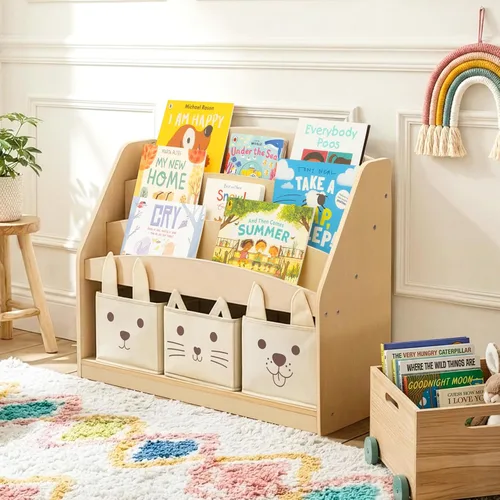 Miniatura 2 de OOOK Estantería infantil de 3 niveles con 3 contenedores de almacenamiento de tela extraíbles, estantería Montessori para niños pequeños