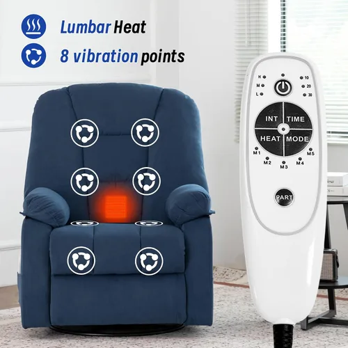 Miniatura 6 de Silla Reclinable Giratoria Eléctrica para Adultos, Sillas Reclinables Mecedoras con Masaje y Calor para Sala de Estar, Silla de Sofá Reclinable