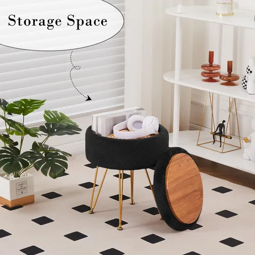 Miniatura 5 de Reposapiés Taburetes Redondos de Piel Sintética Otomana con Espacio de Almacenamiento Silla de Tocador Suave Asiento Mesa de Centro Otomana Mesa