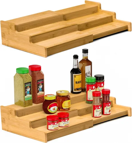 Miniatura 10 de VenDotbi Estante para especias, organizador de especias de bambú expandible de 3 niveles para gabinetes, cocina, despensa y armario, color negro