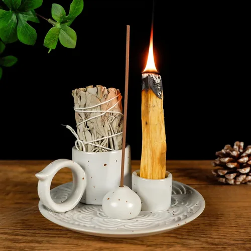Miniatura 11 de MOUGIGI Quemador/Soporte de Palo Santo de Cerámica 5 en 1 Azul - Pequeño Portavelas y Bandeja/Cuenco para Quemar Sahumerios, Compatible con Plato
