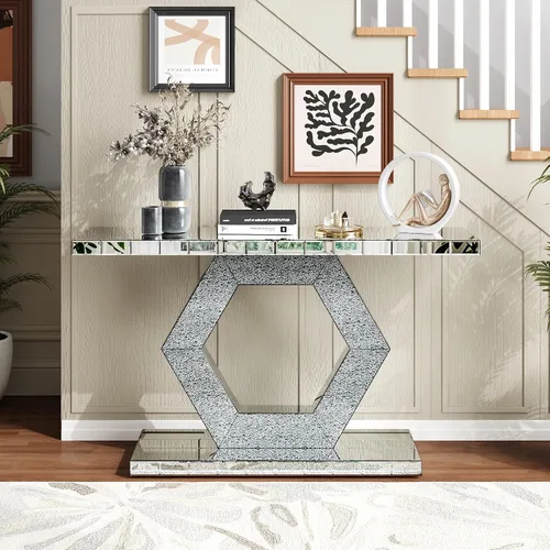 Miniatura 24 de Mesa Consola Negra con Espejo, Mesa de Sofá de Cristal Rectangular de 48 pulgadas con Elementos Tallados Vintage con Espejo, Muebles de Espejo