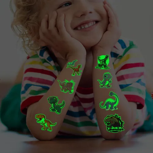 Miniatura 4 de CHARLENT Tatuajes temporales de dinosaurios que brillan en la oscuridad para niños, 74 hojas individuales, tatuajes luminosos de dinosaurio