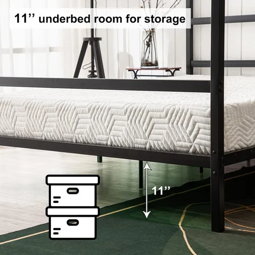 Miniatura 4 de Bonnlo Marco de cama con toldo negro tamaño matrimonial con cabecero, plataforma de metal de 10 pulgadas con 4 carteles, no necesita somier