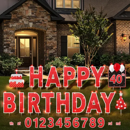 Miniatura 9 de Yerliker 16 piezas de carteles de feliz cumpleaños para patio con estacas, luces LED de 32.8 pies, 42 piezas de adhesivos numéricos, carteles