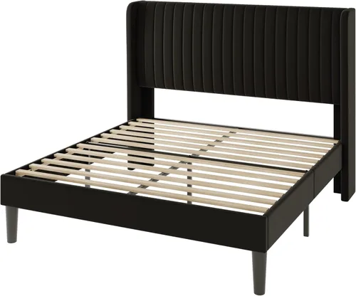Miniatura 9 de Allewie - Base de cama tamaño Queen con cabecera tapizada en terciopelo y diseño acanalado vertical; plataforma de cama tapizada; listones de madera