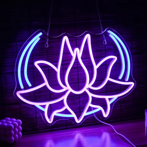 Miniatura 2 de Letrero de neón con diseño de flor de loto y luna, regulable, luz de neón azul para decoración de pared, alimentación USB, loto morado, letrero