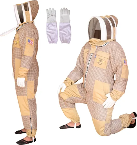 Traje de abeja de 3 capas con velo de esgrima un par de guantes a prueba de picaduras traje de apicultura ventilado Caqui