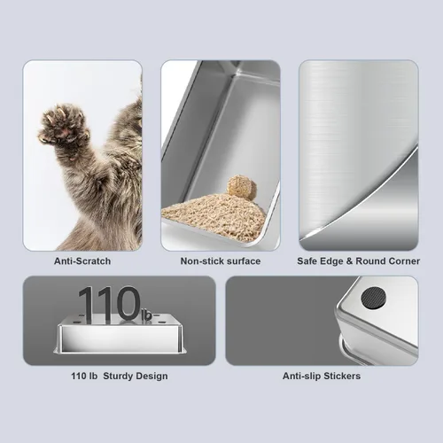 Miniatura 7 de Caja de arena de acero inoxidable para gatos, caja de arena de metal de alta cara abierta con cuchara, cajas de arena extra grandes para gatitos