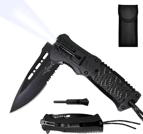 XIPHIAS Cuchillo plegable de supervivencia - Multiherramienta de acero inoxidable con luz LED, iniciador de fuego, silbato y paracord, clip de