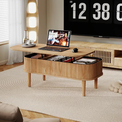 Miniatura 5 de Mesa de centro acanalada con tapa elevable y almacenamiento oculto, mesa de centro ovalada con tapa elevable, diseño moderno de mediados de siglo