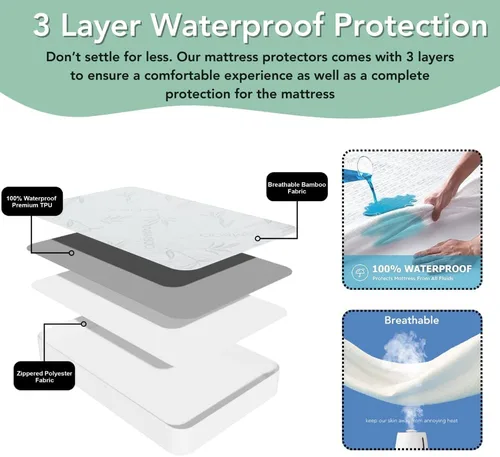 Miniatura 4 de Protector de colchón de rayón de bambú con cremallera + 1 protector de almohada, 100% impermeable, refrescante, tamaño individual, tela ultrasuave