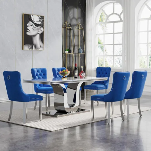 Miniatura 19 de Juego de mesa de comedor de mármol de lujo de 70 pulgadas para 4, juegos de mesa de cocina blanco y dorado para 4, mesa de comedor moderna de mármol