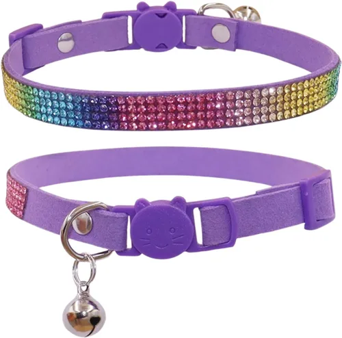 Miniatura 8 de THAIN Bling cat Collar de gatito Rainbow Rhinestone Breakaway Diamond con campana Terciopelo suave liberación rápida (negro)