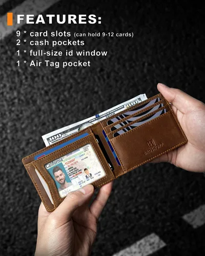 Miniatura 2 de Billetera AirTag para hombre, de piel auténtica plegable con bloqueo Rfid AirTag con ranuras para efectivo y ventana de identificación, compatible