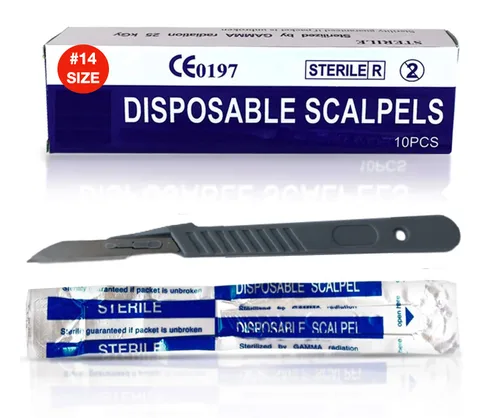 MedHelp Scalpel 14R - Cuchillas dermaplaning con mango de plástico, cuchillas Dermablade de acero de alto carbono. Hoja 14R envuelta Paquete de 10