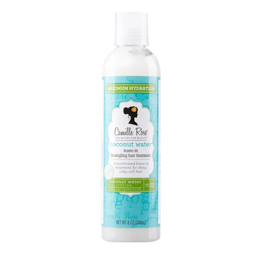 Camille Rose Acondicionador sin enjuague con agua de coco, tratamiento concentrado para desenredar el cabello para una máxima hidratación y mechones