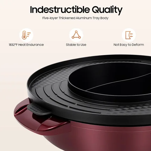 Miniatura 3 de Olla caliente con parrilla, olla eléctrica 2 en 1 de 2000 W con doble control de temperatura, parrilla multifuncional sin humo Shabu Shabu Pot Rojo