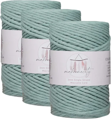 Miniatura 24 de Makromecity, Cordón de algodón para macramé de 1/8 pulgadas x 100 yardas (300 pies) Hilo de algodón verde crepé de 3 mm de un solo hilo para arte