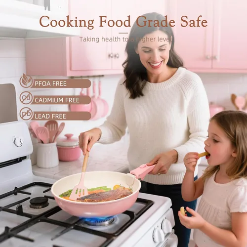 Miniatura 7 de Astercook Juego de 21 ollas y sartenes antiadherentes, juego de utensilios de cocina de cerámica, mango desmontable, juego de cocina de Rosa