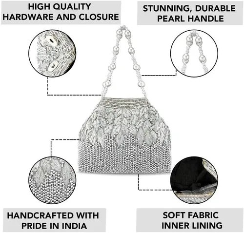 Miniatura 3 de Aheli Potli - Bolsas de noche para mujer, bolso de mano étnico para novia con cordón (P66S), plateado