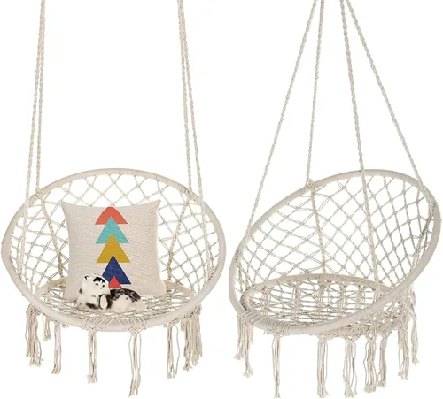 Garpans Juego de 2 sillas tipo hamaca de macramé estilo bohemio con borlas, columpio colgante hecho a mano, cuerda de algodón tejida a mano para