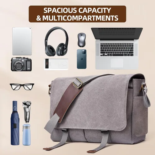 Miniatura 7 de Bolsa de mensajero para hombre, bolsa para laptop, unisex, bolsa de lona retro, 14-15.6 pulgadas, casual, bolsa de hombro individual para trabajo