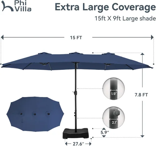 Miniatura 6 de Sombrilla para patio PHI VILLA de 15 pies, doble cara, para uso en exteriores, tamaño extra grande con manivela, base de sombrilla incluida (azul)