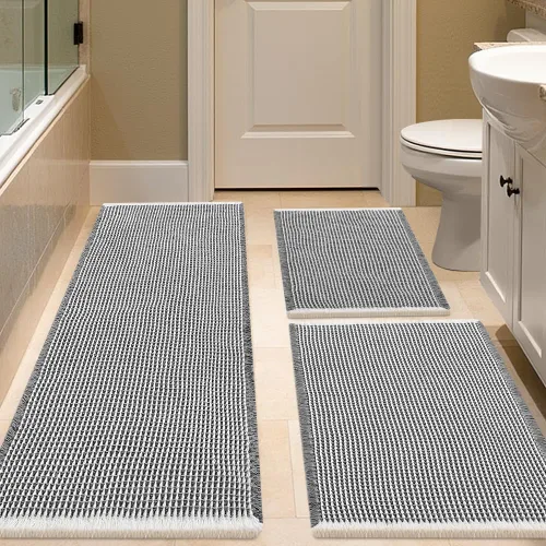 Miniatura 32 de IM HOME Tapete de baño de punto gofre, color caqui, de 24 x 17 pulgadas, tejido bohemio, moderno, absorbente, antideslizante, suave, lavable