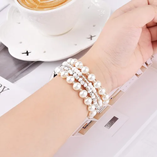 Miniatura 6 de VISOOM Pulsera boho de cuentas compatible con Samsung Galaxy Watch 8/7/6/5/4 de 40/44mm/Active 2 Watch 4 Classic de 42mm para mujer, pulsera Blanco